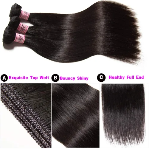 Miniatura 4 de Cabello 7 a malayo liso, 4 paquetes sin procesar, vírgenes, extensiones de pelo, cabello humano con longitudes mixtas, 100% cabello humano
