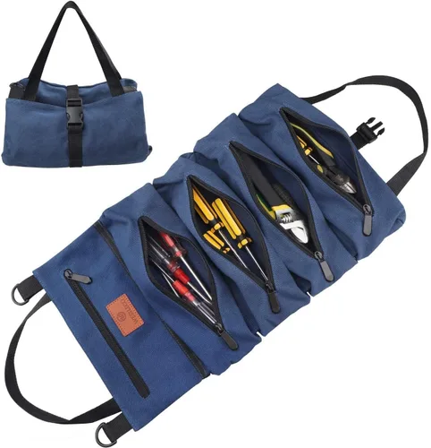 Miniatura 15 de Bolsa enrollable para herramientas, bolsa enrollable multiusos de lona de 16 onzas, organizador con 5 bolsillos para herramientas con cremallera