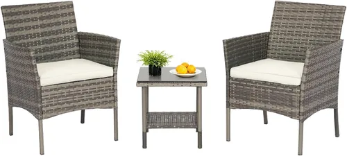 Miniatura 12 de FDW Juego de muebles de patio de 3 piezas Negro Muebles de mimbre para exteriores con mesa de café Juego de sillas de ratán moderno