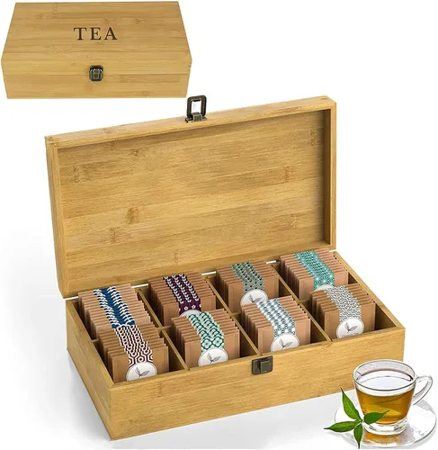Miniatura 24 de Caja Organizadora de Té de Bambú Libre de Químicos Ecológica Grande, Alta, Compartimentos Ajustables Cofre de Almacenamiento de Madera Natural