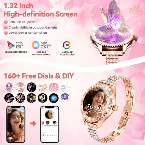 Miniatura 6 de Reloj inteligente para mujer – Hacer/responder llamadas, reloj de fitness impermeable IP67 de 1.32 pulgadas con monitor de sueño de frecuencia