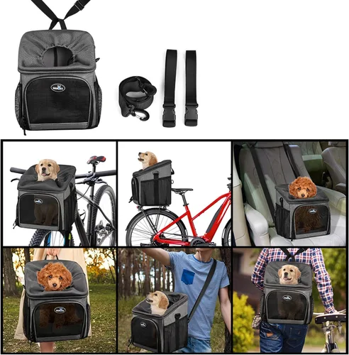 Miniatura 4 de Lixada Cesta de bicicleta para perros plegable y extraíble de 12 x 10.2 x 13.8 pulgadas con cubierta impermeable, mochila multifuncional para perros
