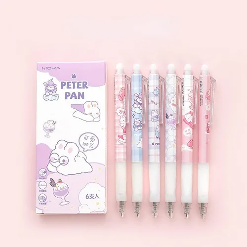 6 bolígrafos kawaii borrables con borradores, bonitos bolígrafos de gel con estampado de dibujos animados kawaii de 0.020 in, bolígrafos de tinta