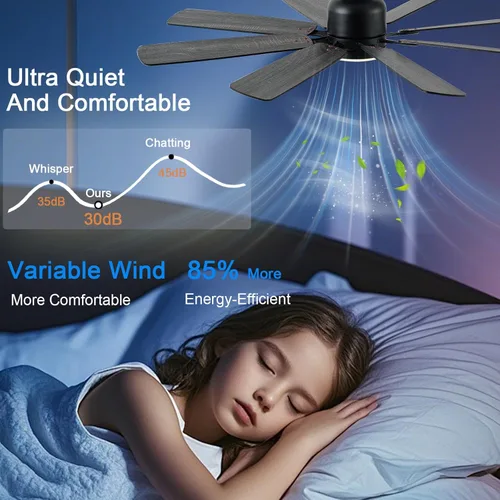 Miniatura 8 de KNUN - Ventilador de techo negro de 52 pulgadas, ventiladores de techo de perfil bajo con luces y control remoto/APP, 8 aspas, silencioso, motor CC