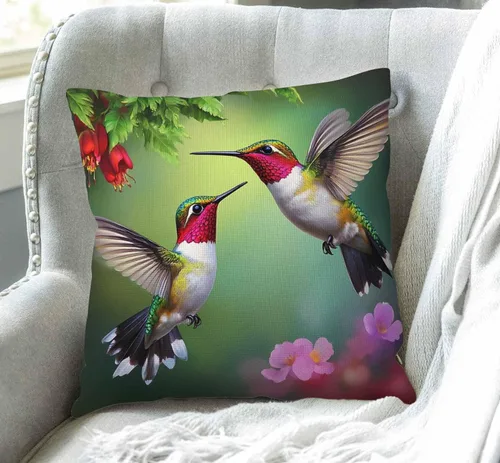 Miniatura 3 de Swono Funda de almohada de lino y algodón con diseño de flores de colibrí para sofá, cama, 18 x 18 pulgadas
