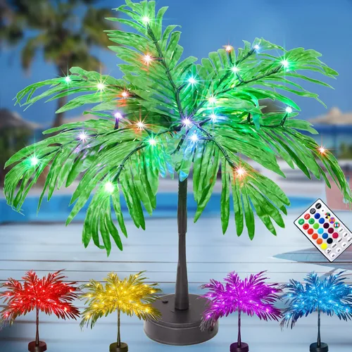 Palmera Luminosa de 23 Pulgadas que Cambia de Color - Luces LED Artificiales Alimentadas por Batería/USB para Decoraciones de Fiestas Tropicales,