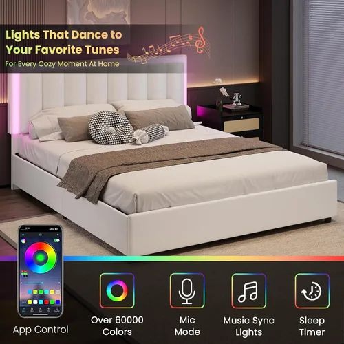 Miniatura 4 de Base de cama tamaño Queen con 4 cajones de almacenamiento, base de cama tapizada Queen con cabecero, luces LED RGB, base de metal resistente y Blanco