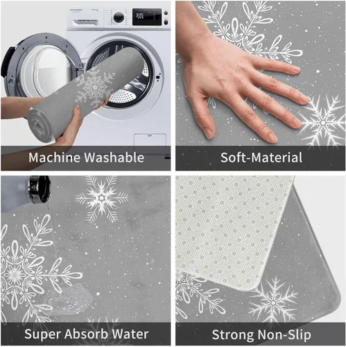 Miniatura 3 de Tapete de baño, tapete de baño suave y lanudo de Navidad con copos de nieve gris, tapete antideslizante para cocina, dormitorio, 18 x 30 pulgadas