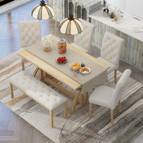Miniatura 2 de Merax - Juego de 6 mesas de comedor de madera maciza para 6, mesa de cocina rectangular de granja con 5 sillas tapizadas y 1 banco, juego de comedor