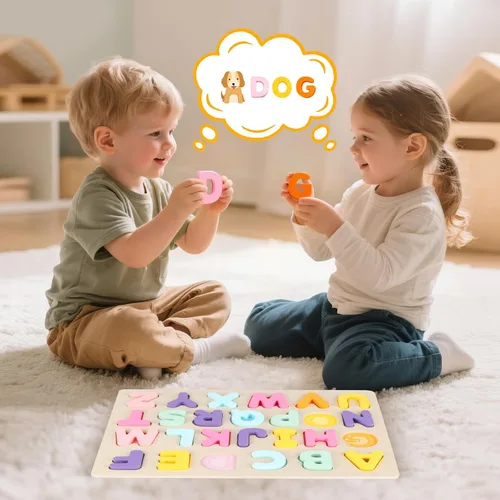Miniatura 5 de Rompecabezas del alfabeto de madera para niños pequeños, juguetes de aprendizaje ABC para niños, actividades educativas preescolares para niñas