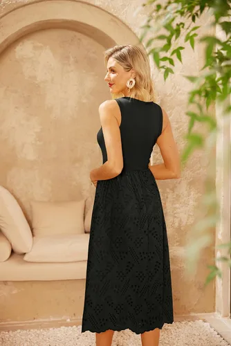 Miniatura 3 de GRACE KARIN Vestido de verano sin mangas para mujer, acampanado, de algodón, cuello redondo, casual, con bolsillos