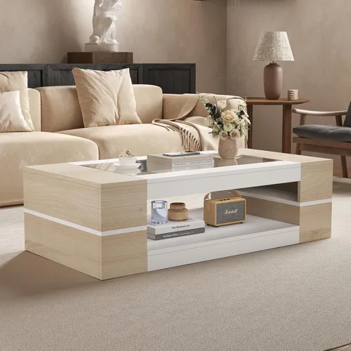 Miniatura 10 de HedoAjim Mesa de centro moderna y elegante de 47.2 pulgadas con parte superior de cristal, mesa grande para sala de estar, mesas centrales