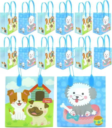 TINYMILLS Bolsas de regalo para perros y cachorros con asas, 12 unidades, azul, rosa, 7 x 6.25 x 3 pulgadas, temática de perro, fiestas de cumpleaños