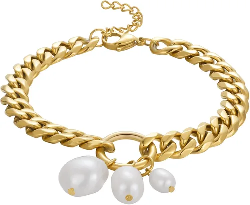 Miniatura 3 de EF ENFASHION Pulsera clásica de eslabones de perlas de acero inoxidable chapada en oro de 18 quilates con dije de corazón para mujeres y niñas