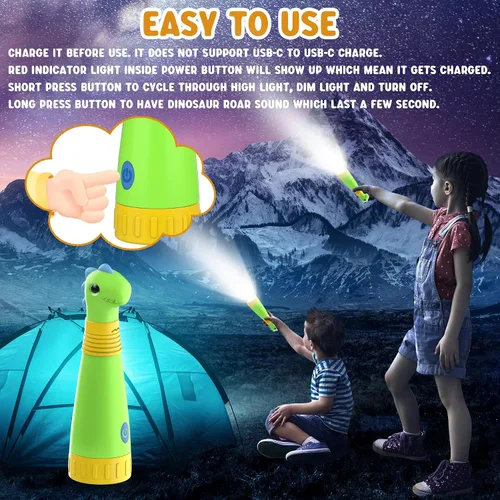 Miniatura 3 de Linterna recargable de dinosaurio con rugido para niños, linterna de campamento para niños, linterna de mano para niños, luces de Navidad
