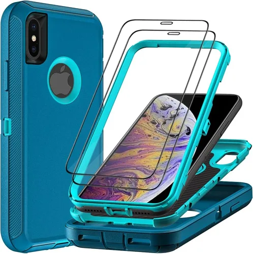 Miniatura 8 de Funda para iPhone X/iPhone Xs con 2 protectores de pantalla de vidrio templado, grado militar 3 en 1, resistente a prueba de golpes, a prueba