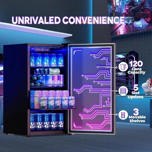 Miniatura 3 de Manastin - Refrigerador de bebidas para juegos con iluminación LED, puerta con iluminación LED para 120 latas, refrigerador de bebidas