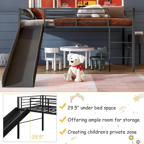 Miniatura 6 de Giantex Cama alta individual con tobogán, litera baja de metal con barandillas de seguridad y escalera integrada, marco de suelo de cama infantil