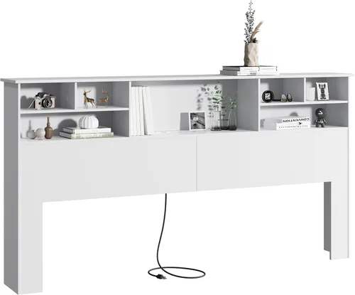 Cabecero tamaño King para dormitorio, elegante cabecero de estantería con estación de carga integrada y 2 luces LED, tablero de madera de ingeniería