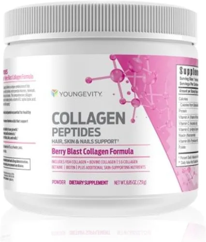 Youngevity Polvo de péptidos de colágeno – Soporte para el cabello, la piel y las uñas con hidrolizados tipo I y II, biotina, vitamina B12,