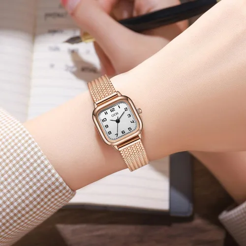 Miniatura 2 de Reloj cuadrado de oro rosa para mujer con esfera de números arábigos pequeños, pulsera de acero inoxidable, movimiento de cuarzo, resistente al agua