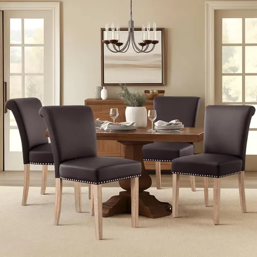 Miniatura 23 de CHUN YI Juego de 4 sillas de comedor tapizadas de piel sintética con ribete de cabeza de clavo y patas de madera, sillas laterales Parsons modernas