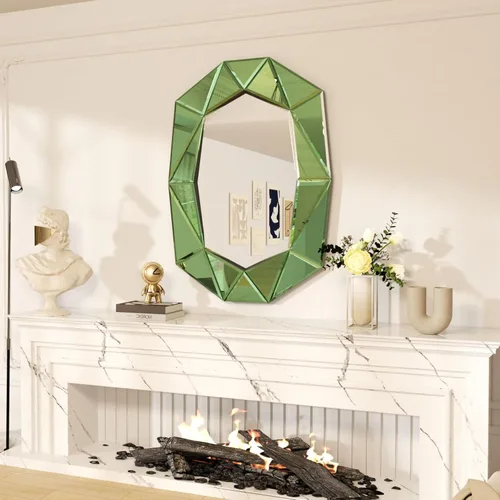 Miniatura 5 de Espejo de pared ovalado con forma de diamante, elegante marco de cristal, 40 x 28 pulgadas, color verde