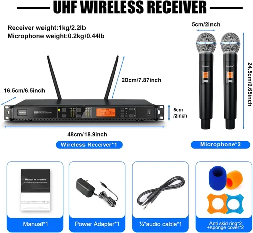 Miniatura 7 de Depusheng Sistema de micrófonos inalámbricos con 2 canales, micrófono inalámbrico de mano Inalambrico, rango UHF de 200 pies, micrófonos