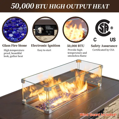 Miniatura 2 de Mesa de Hoguera de Propano PIZZELLO de 43 Pulgadas al Aire Libre, Mesa de Fuego Rectangular de Piedra para Exteriores, Mesa de Hoguera de 50,000 BTU
