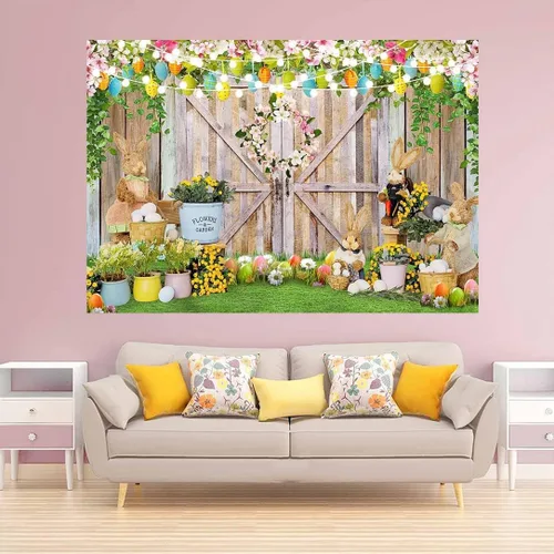Miniatura 3 de Avezano Fondos de Pascua de primavera para fotografía, pancarta de feliz Pascua, decoración de puerta de granero, conejito, huevos coloridos, baby