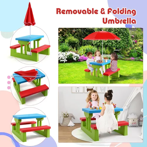 Miniatura 4 de KOTEK Juego de mesa de picnic para niños, mesa y banco para niños al aire libre con paraguas extraíble, muebles de plástico para niños, mesas