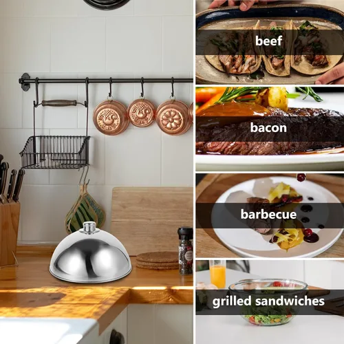 Miniatura 6 de Cabilock Cubierta de cúpula de alimentos de acero inoxidable con mango de cuentas plateadas, tapa de plato de servir alimentos a prueba de polvo