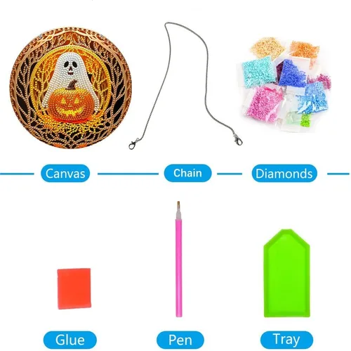 Miniatura 7 de LUSandy Kit de pintura de diamante de calabaza fantasma 5D para Halloween, letrero de arte de pared, diseño de calabaza, diamante, atrapasoles