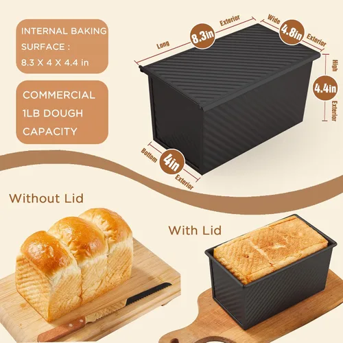 Miniatura 4 de KITESSENSU Molde para pan Pullman de acero al carbono con tapa, capacidad de masa de 1 libra, negro, antiadherente, pan y tostadas