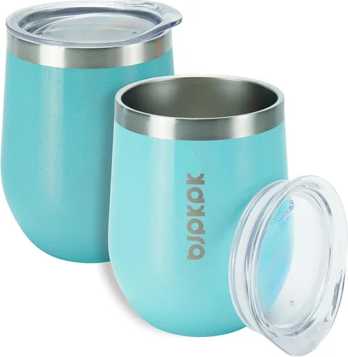 Miniatura 16 de BJPKPK 2 vasos de vino aislados de 12 onzas, tazas de café al vacío de doble pared de 12 onzas con tapa, vasos de vino de acero inoxidable A-verde
