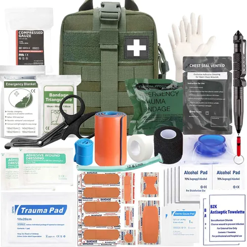 Ifak Kit de trauma, 74 piezas mejoradas de primeros auxilios tácticos, bolsa Molle Ifak Rip Away Suministros de repuesto para supervivencia, Verde