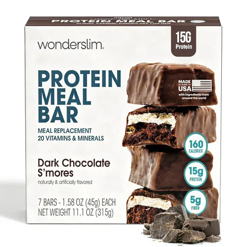 Miniatura 13 de Barra de proteínas WonderSlim para reemplazo de comida, Caramelo y Cacao, 15g de proteína, 20 vitaminas y minerales, sin gluten (7 unidades)