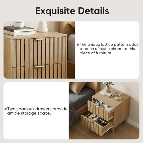Miniatura 5 de Wood Nightstand Set of 2, Modern Bedside Table with Grille Design, End Side Table with 2 Drawers Storage for Living Room, Bedroom, Oak
