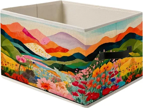 Miniatura 14 de Caja de Almacenamiento Floral Rústica Azul y Blanca con Asas, Canasta Organizadora Plegable Botánica de Flores Grandmillennial Caja de Juguetes