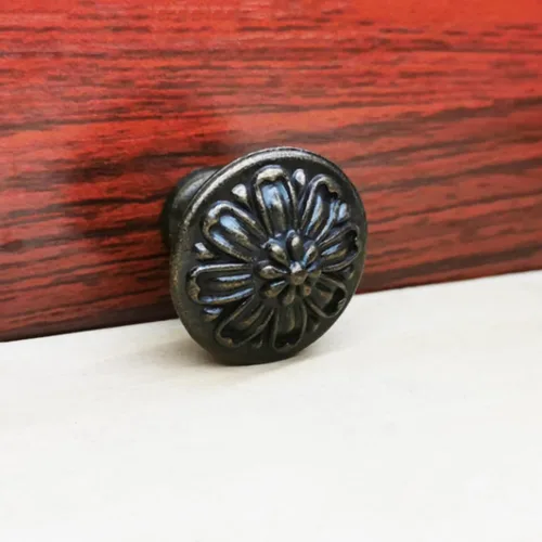 Miniatura 3 de Pomo de un solo agujero negro antiguo con diseño de pétalos vintage americano, accesorios de gabinete de aleación de zinc para tiradores de cocina