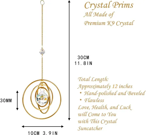 Miniatura 5 de Atrapasoles de Cristal Galaxia, Atrapasoles Colgante para Ventana de Arcoíris, Atrapasoles de Bola de Cristal Prisma con 4 Círculos de Latón