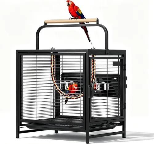 Miniatura 10 de VINGLI Jaula para pájaros pequeños, jaula de viaje de 19 pulgadas con asa, jaula de periquitos de hierro forjado con perca de madera para loros
