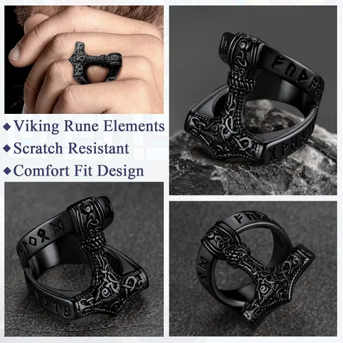 Miniatura 4 de FaithHeart Norse Viking Jewelry - Anillo de acero inoxidable de guerrero para hombre con diseño vikingo de cabeza de lobomartillo de Thor