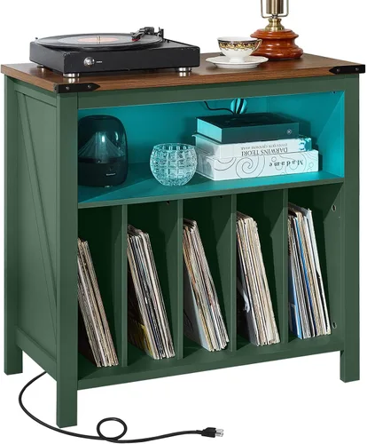 Miniatura 12 de Joaxswe Soporte Grande para Tocadiscos con Estación de Carga y Luces LED, Gabinete Portador de Almacenamiento de Discos de Vinilo que Sostiene hasta