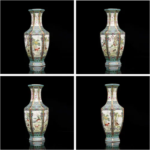 Miniatura 3 de QueenBox® Jarrones de planta de cerámica hexagonal y animales, pintura china, florero de flores de paisaje, adornos tradicionales de porcelana