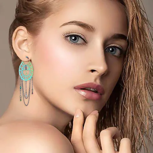 Miniatura 5 de Aretes asimétricos de sol y luna para mujer, aretes bohemios de arco iris, cadena de borla de estrella, aretes colgantes de acero inoxidable