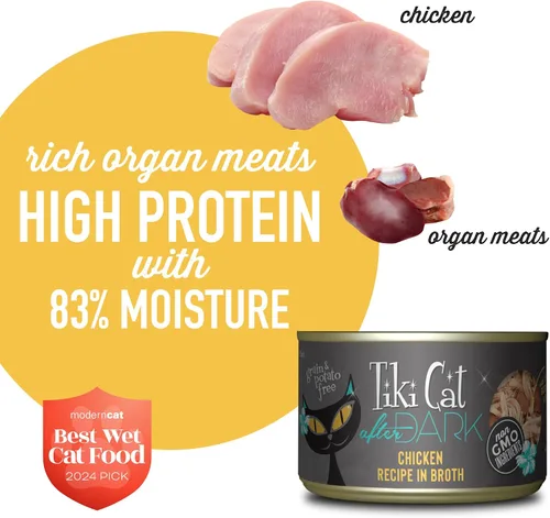 Miniatura 5 de Tiki Cat After Dark, pollo, alto contenido en proteínas y 100% ingredientes no transgénicos, alimento húmedo para gatos adultos, latas de 5.5 onzas
