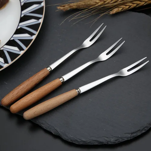 Miniatura 6 de 6 tenedores de acero inoxidable con mango de madera y dos puntas, horquillas para pastel de frutas