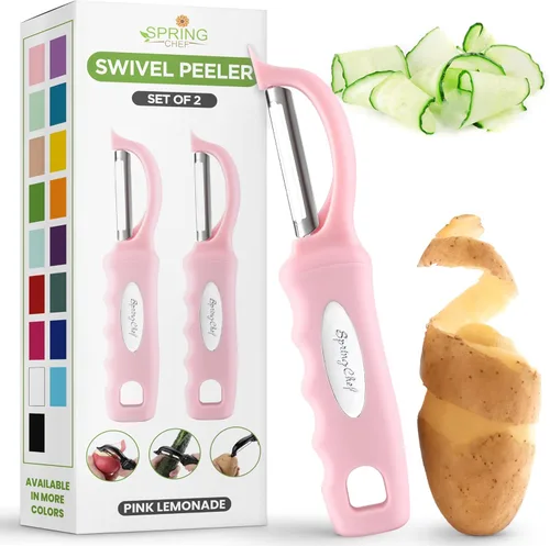Miniatura 14 de Spring Chef Pelador de verduras giratorio profesional rojo para cocina, peladores de papas de acero inoxidable con mango de agarre suave, perfecto