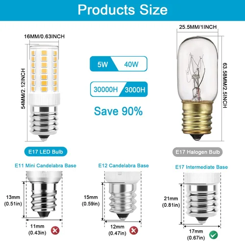 Miniatura 2 de Bombillas LED E17 regulables de 5 W para microondas sobre estufa, 125 V, 40 W, equivalente a incandescente, blanco cálido 3000 K, apto
